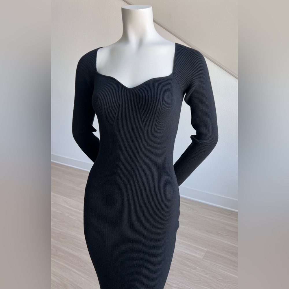 Lulus Fall Feelings Black Ribbed Bodycon knit Midi Sweater Dress Long Sleeve L - Picture 8 of 11